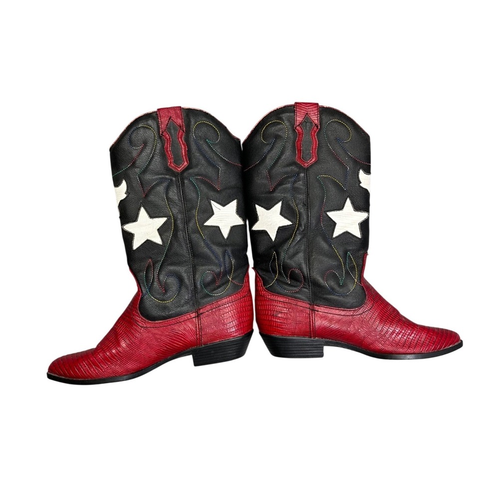 The Leather Collection Womens Red Lizard Print Black Star Western Boots 7 4549